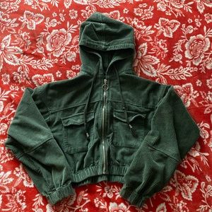 Dolls Kill Corduroy Army Green Cropped Zip-Up Hooded Jacket